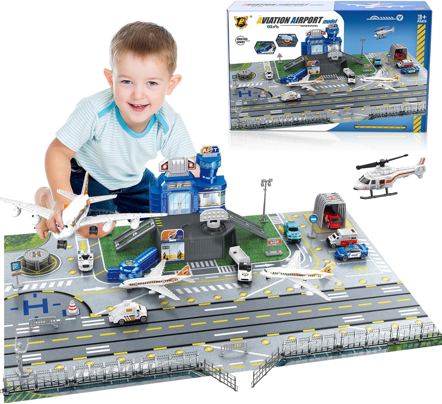Kids Toys Xmas - ชุดของเล่นฉากสนามบินสำหรับเด็กพร้อมรถยนต์ เฮลิคอปเตอร์ เครื่องบิน หอคอย และแผ่นรองเล่นสนามบิน โมเดลเครื่องบินขนส่ง