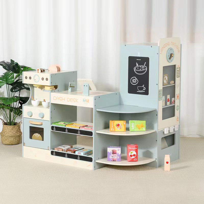Toy Cash Register - ชุดของเล่นร้านขายของชำไม้สำหรับเด็ก ชุดของเล่นร้านค้าไม้ ซูเปอร์มาร์เก็ตไม้ พร้อมเครื่องคิดเงินสดและเครื่องขายกาแฟ