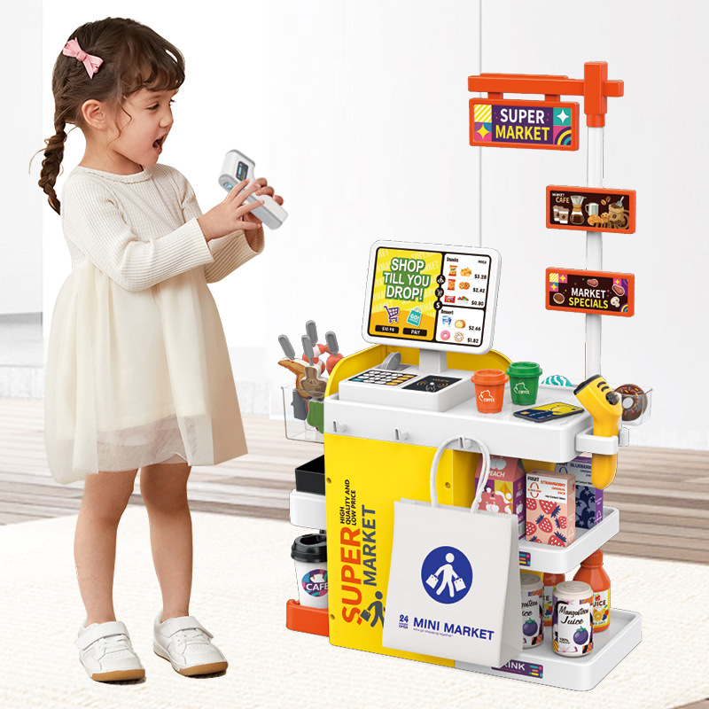Toy Cash Register - ชุดของเล่นจำลองเคาน์เตอร์คิดเงินซุปเปอร์มาร์เก็ตขนาดเล็กสำหรับเด็ก พร้อมเครื่องสแกนเงินสด ของเล่นเสริมพัฒนาการสำหรับเด็กชายและเด็กหญิง