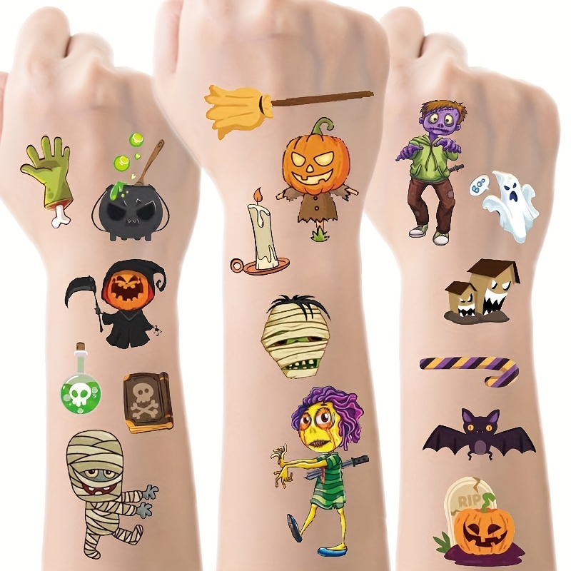 Kids Zombie Toys - สติกเกอร์ลายสักชั่วคราวลายฟักทองฮาโลวีนและซอมบี้ 10 แผ่น สำหรับติดแขน มือ ตัว