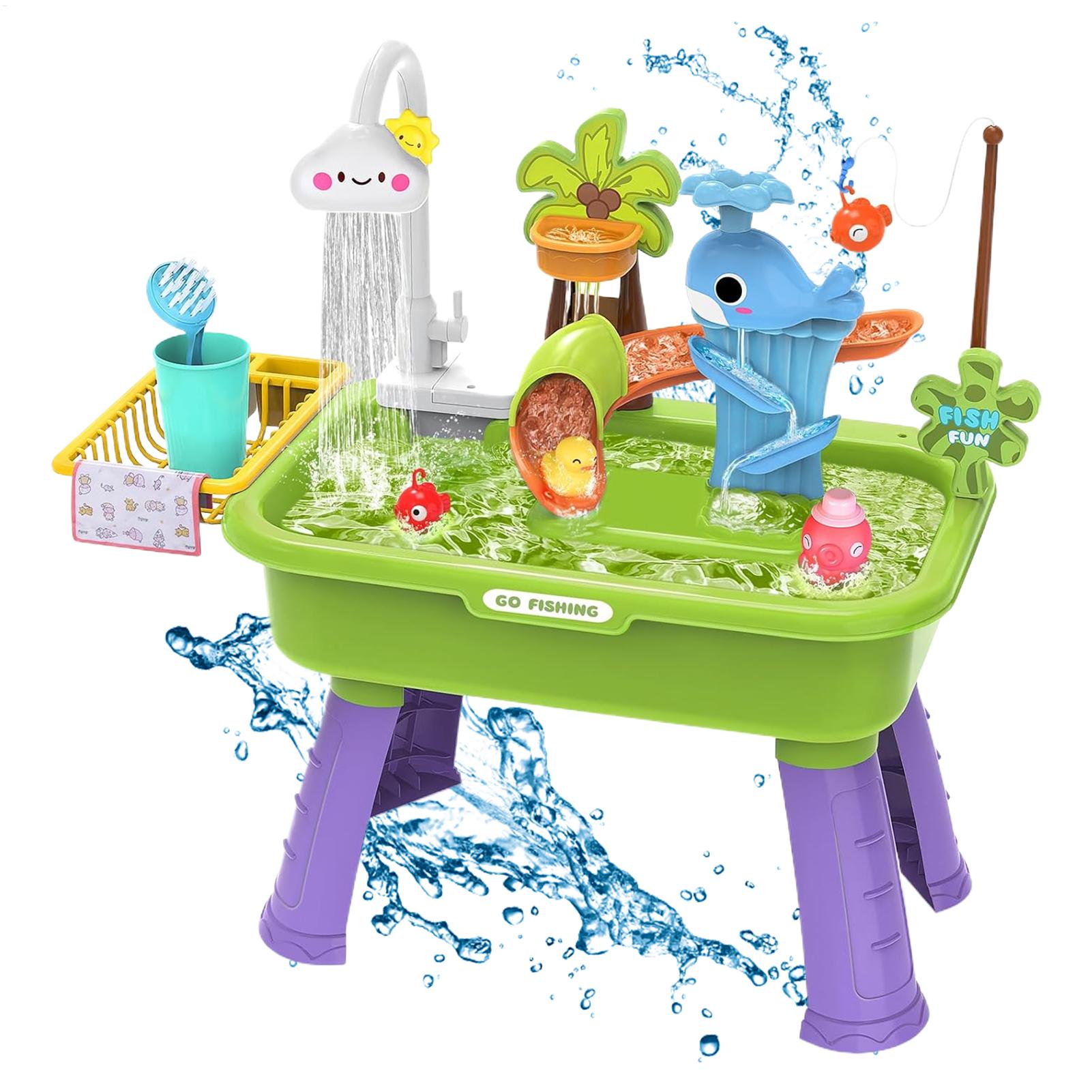 Kids Toys Kitchen Set - อ่างล้างจานไฟฟ้าสำหรับเด็กพร้อมน้ำไหล, ชุดของเล่นครัวจำลองใช้แบตเตอรี่, โต๊ะน้ำสำหรับเล่นกลางแจ้งในสวนหลังบ้านและพกพาเดินทาง