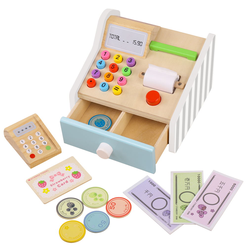 Toy Cash Register - ของเล่นเด็กทำจากไม้ใช้ลงทะเบียนเงินสดของเล่นสำหรับเด็กเล่นตามบทบาทช้อปปิ้งร้านขายของเล่นเกมจำลองของเล่นคอสเพลย์เพื่อการศึกษา
